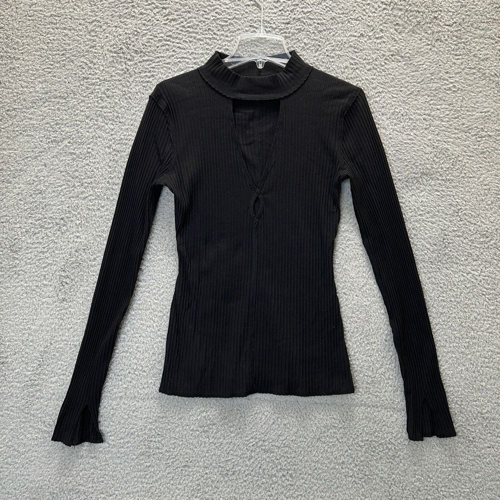Intimately‎ Free People Shirt Womens Small Black Ribbed Key Hole Slim Mock Neck